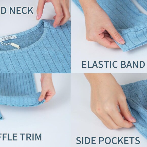 Soft Ribbed Knit Lounge Set Long Sleeve Pajamas 2 Piece S-XXL - Picture 8 of 8